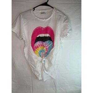 Lauren Moshi White Graphic Lips Tongue Tie Front T Shirt Size Small